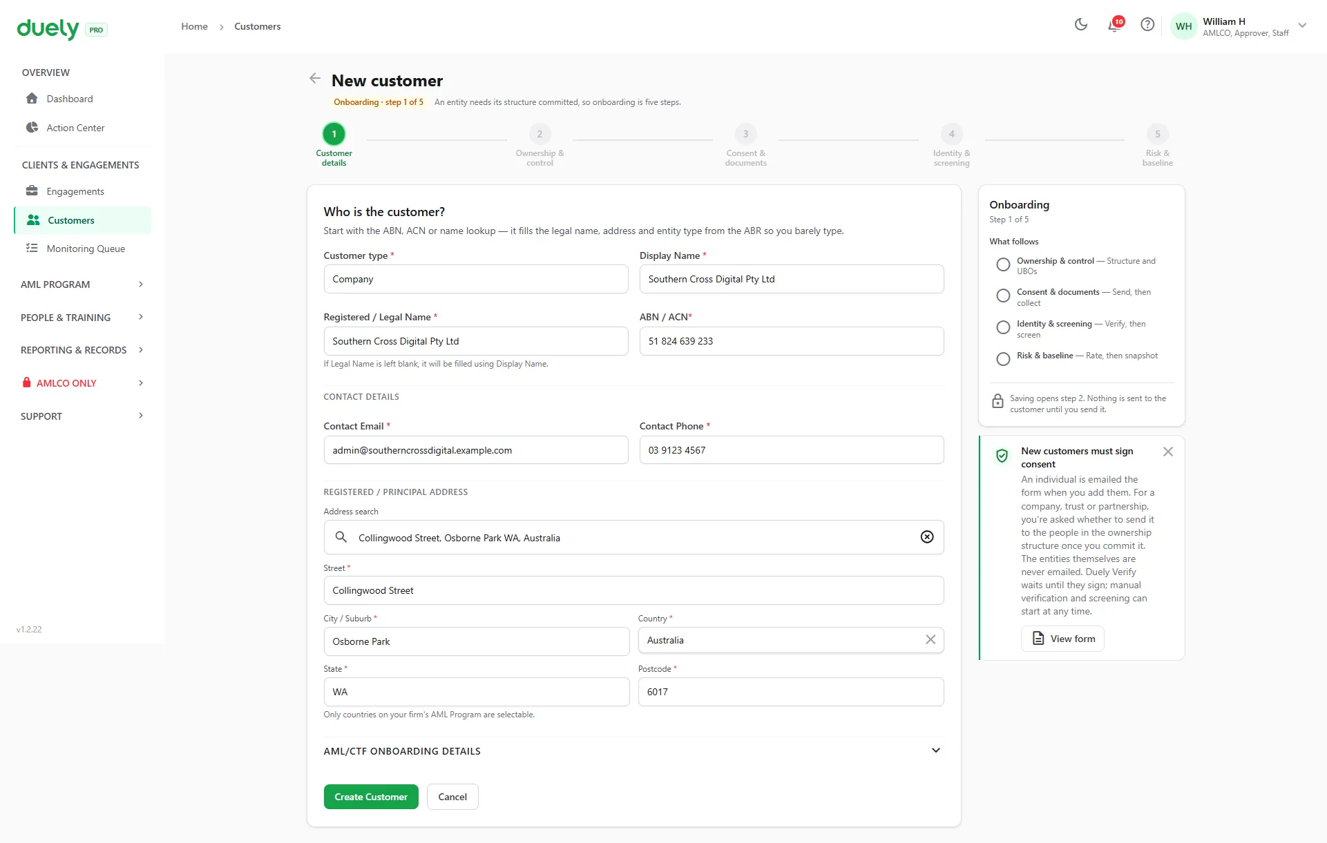 The duely new customer form filled in for a sample company, showing that onboarding an entity takes five steps.