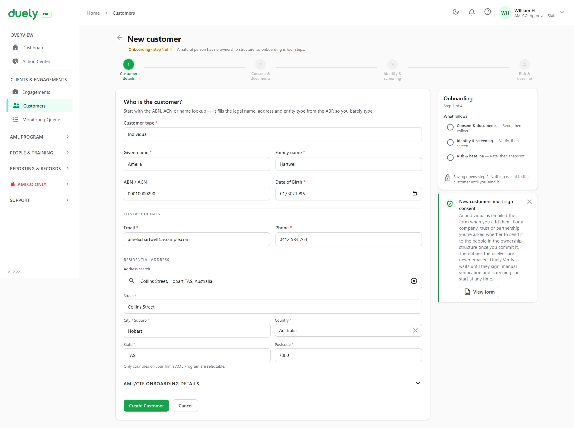 The duely new customer form filled in for a sample individual. A panel on the right explains that consent is emailed when the customer is added.