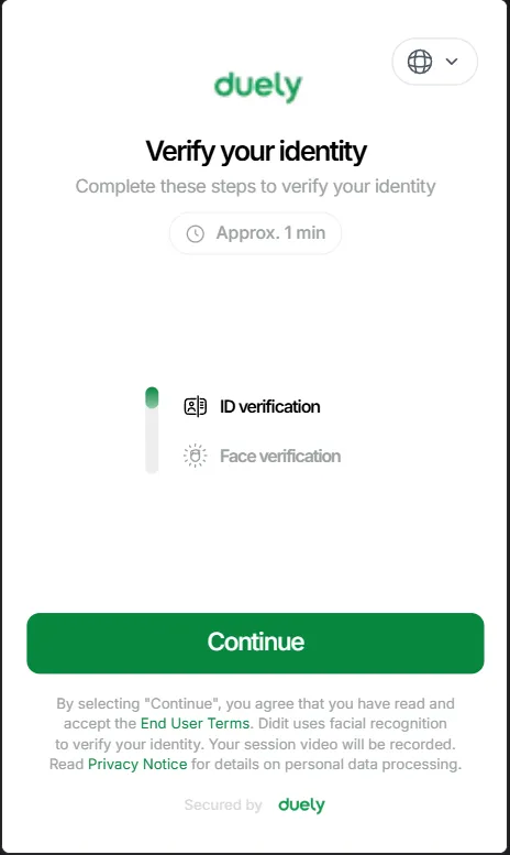 The first screen of the duely identity check on a phone, listing ID verification and face verification and showing an estimate of about one minute.