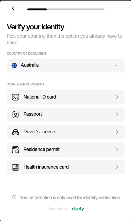 The document choice screen, with a country selector and a list of document types including passport and driver's licence.