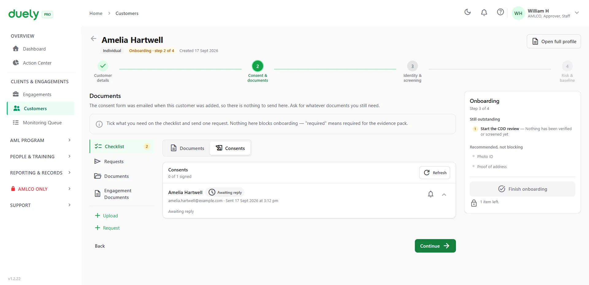 The consent tab in duely for a sample customer, showing the consent sent and awaiting a reply.