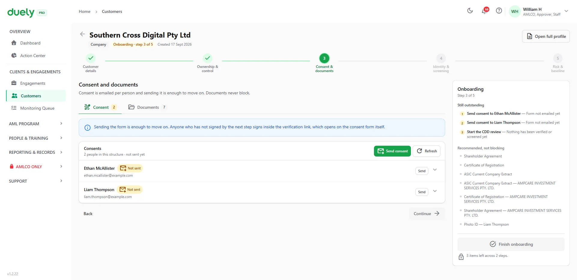 The consent tab for a sample company in duely, listing the two people from the ownership structure with the consent not yet sent.