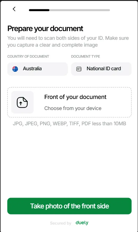 The prepare your document screen, with an upload area and a button to take a photo of the front side.