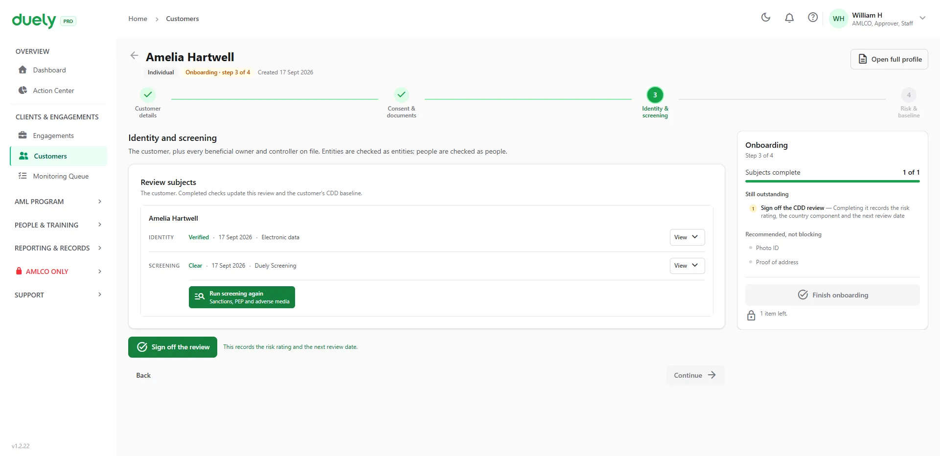 The identity and screening step in duely for a sample customer, with identity verified, screening clear and a sign-off button.