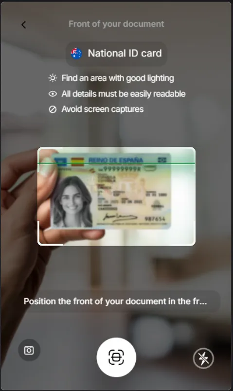 The camera screen for scanning an identity document, with a frame to position the card and tips on lighting.