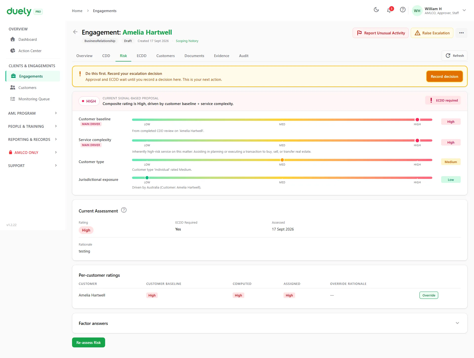 The risk tab in duely for a sample engagement, showing a High rating, the factors behind it and that enhanced due diligence is required.