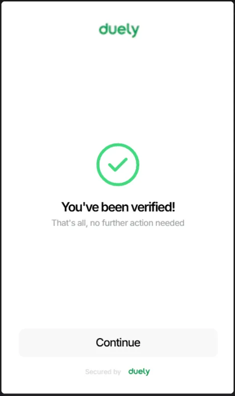The final screen of the identity check, confirming the customer has been verified.