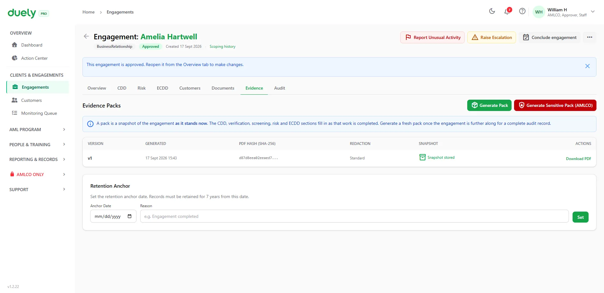 The evidence tab in duely for an approved engagement, showing a generated pack with its version and SHA-256 hash.